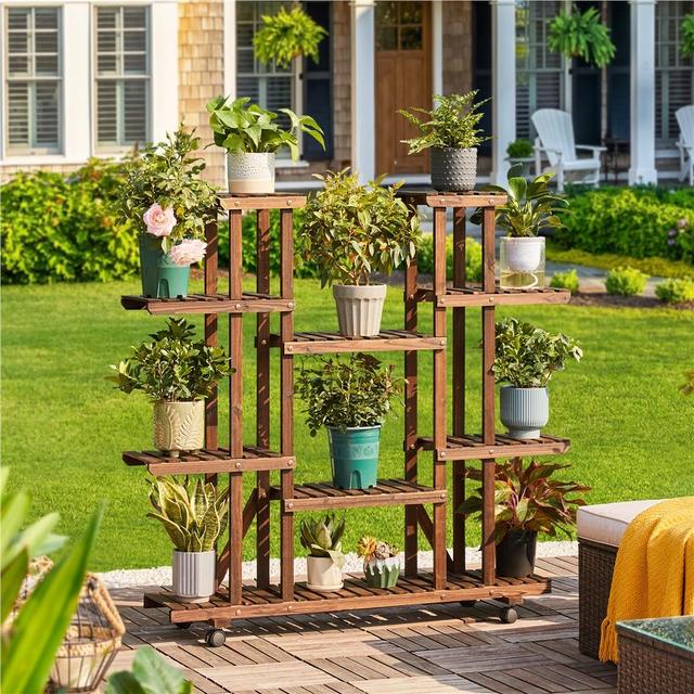 TEMU Costoffs Wooden Plant Shelf With Wheels, 9 Shelves For Indoor And Outdoor Balcony Or Garden, 124.5 × 33 × 120 Cm