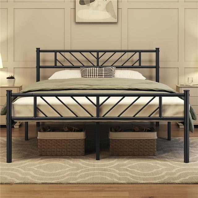 TEMU Costoffs Industrial Metal Bed Frame With Headboard V-design Modern Bed With Slats For Apartment Bedroom