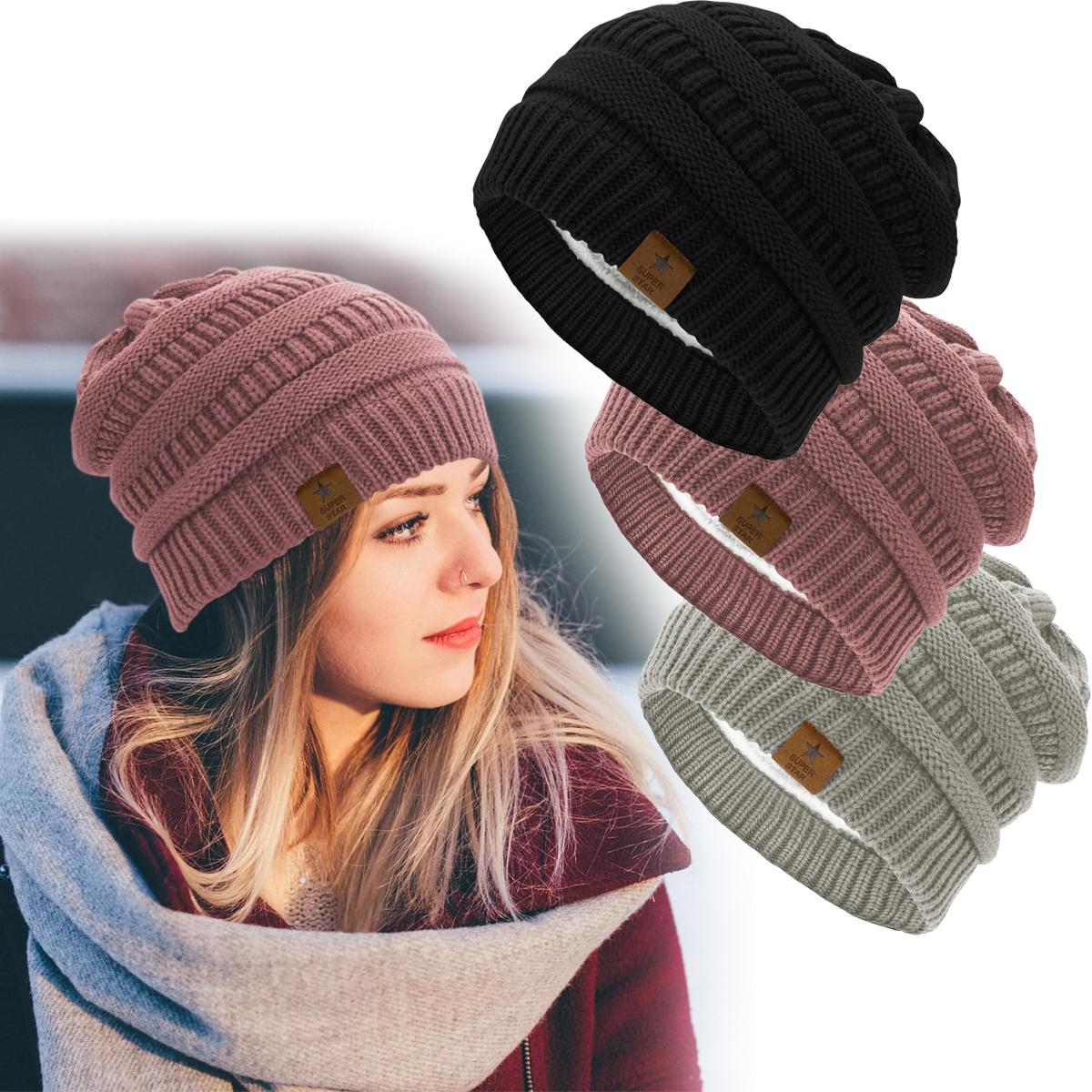 TEMU Damen Beanie Mütze Warme Wintermütze mit Weichem Innenfutter Gefütterte Strickmütze, Street Style Grobstrick Klassische Weiche Beanie für Herbst Winter