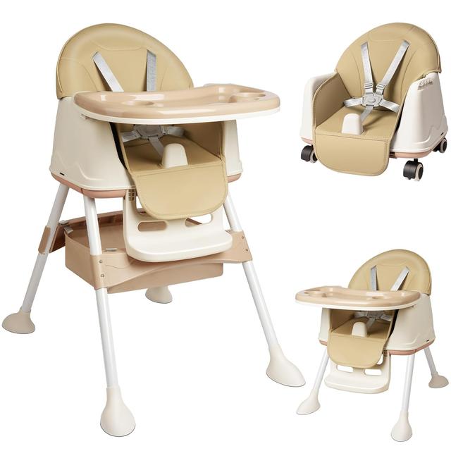 TEMU 3-in-1 High Chair, Baby Seat, Table & Walker – Portable Child Booster With Tray And Wheels, Beige/blue