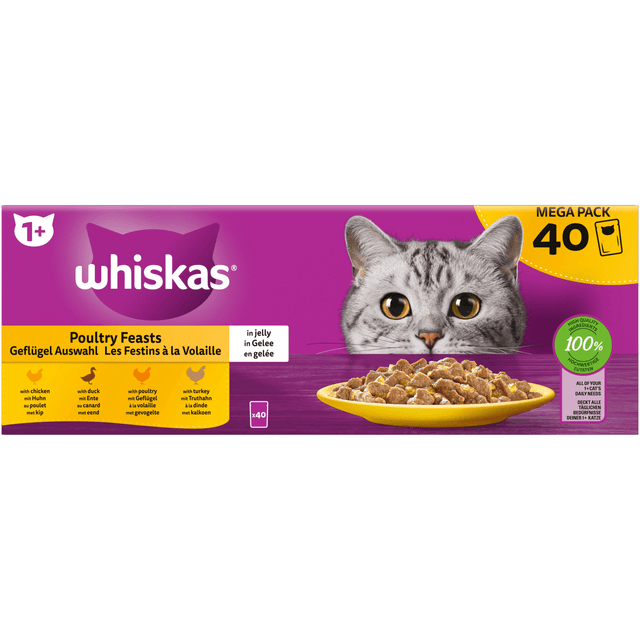 TEMU WHISKAS 40U WHISKAS COMIDA HÚMEDA SELECCIÓN DE AVES DE CORRAL EN GELATINA PARA GATOS, PACK DE 40 SOBRES DE 85g