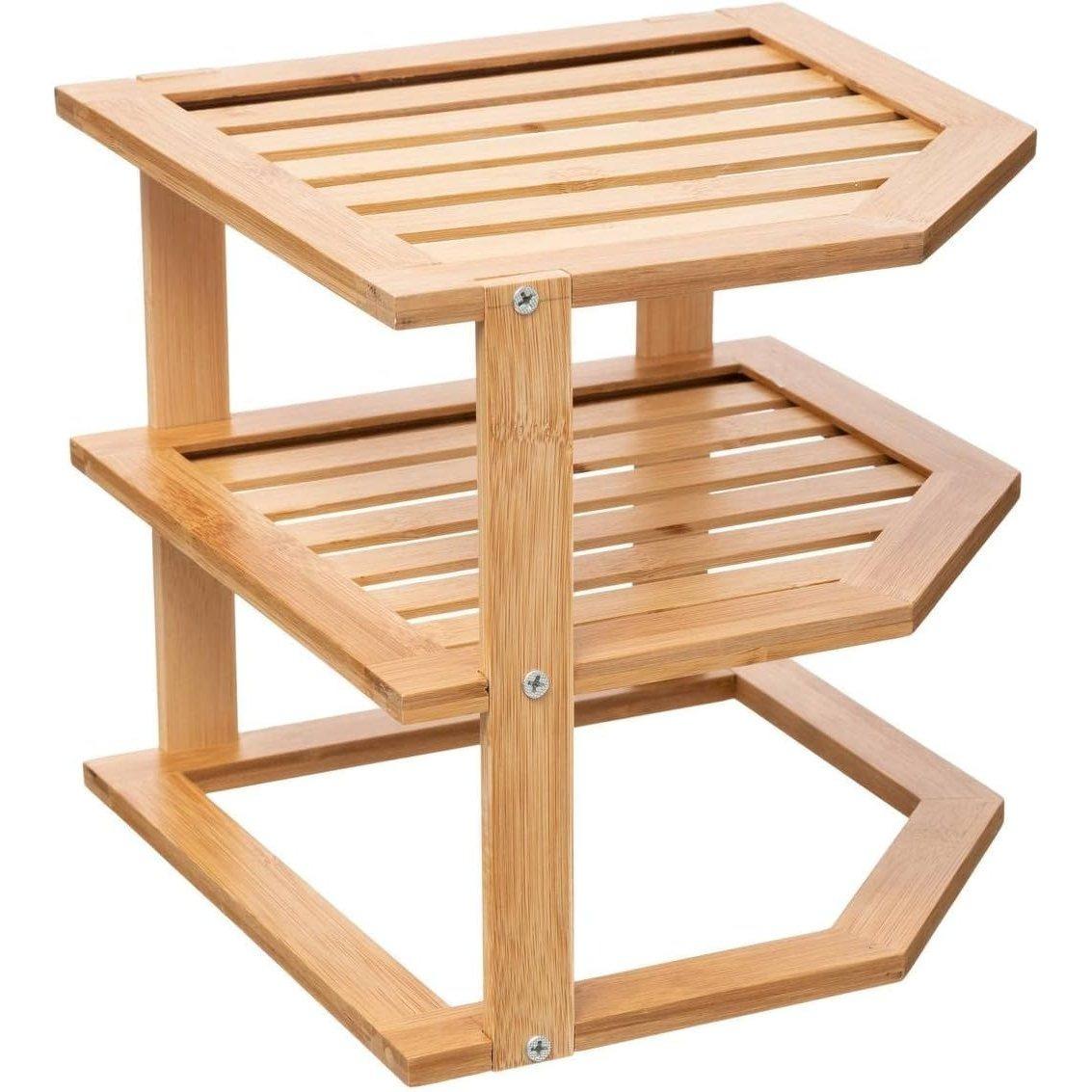 TEMU Estantería esquinera de bambú de 2 niveles, ideal para espacios de esquinas en cocinas, armarios y baños. a ahorrar y puede sostener platos, tazas y pan, con un diseño apilable.