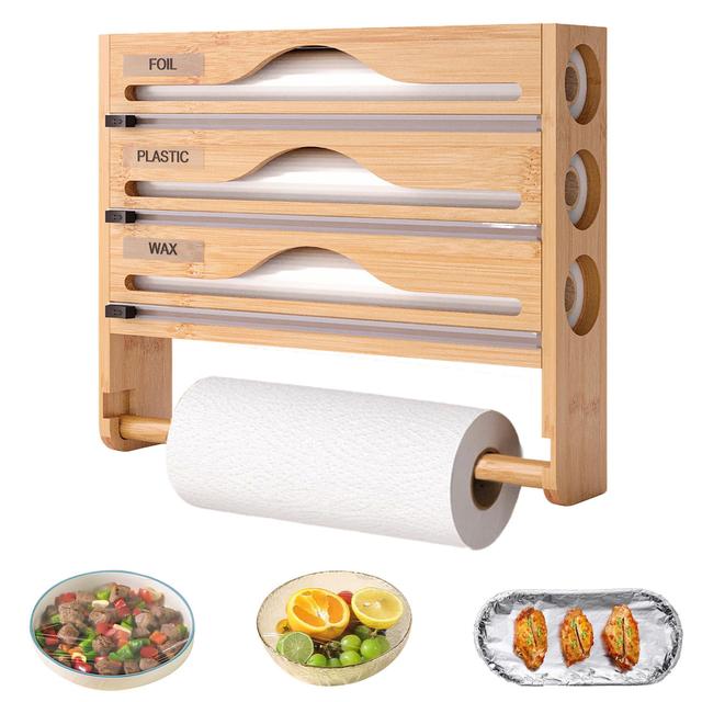 TEMU Foil And Plastic Wrap Organizer, Plastic Dispenser With Paper Towel Holder, Wall Mount Aluminum Foil Dispenser