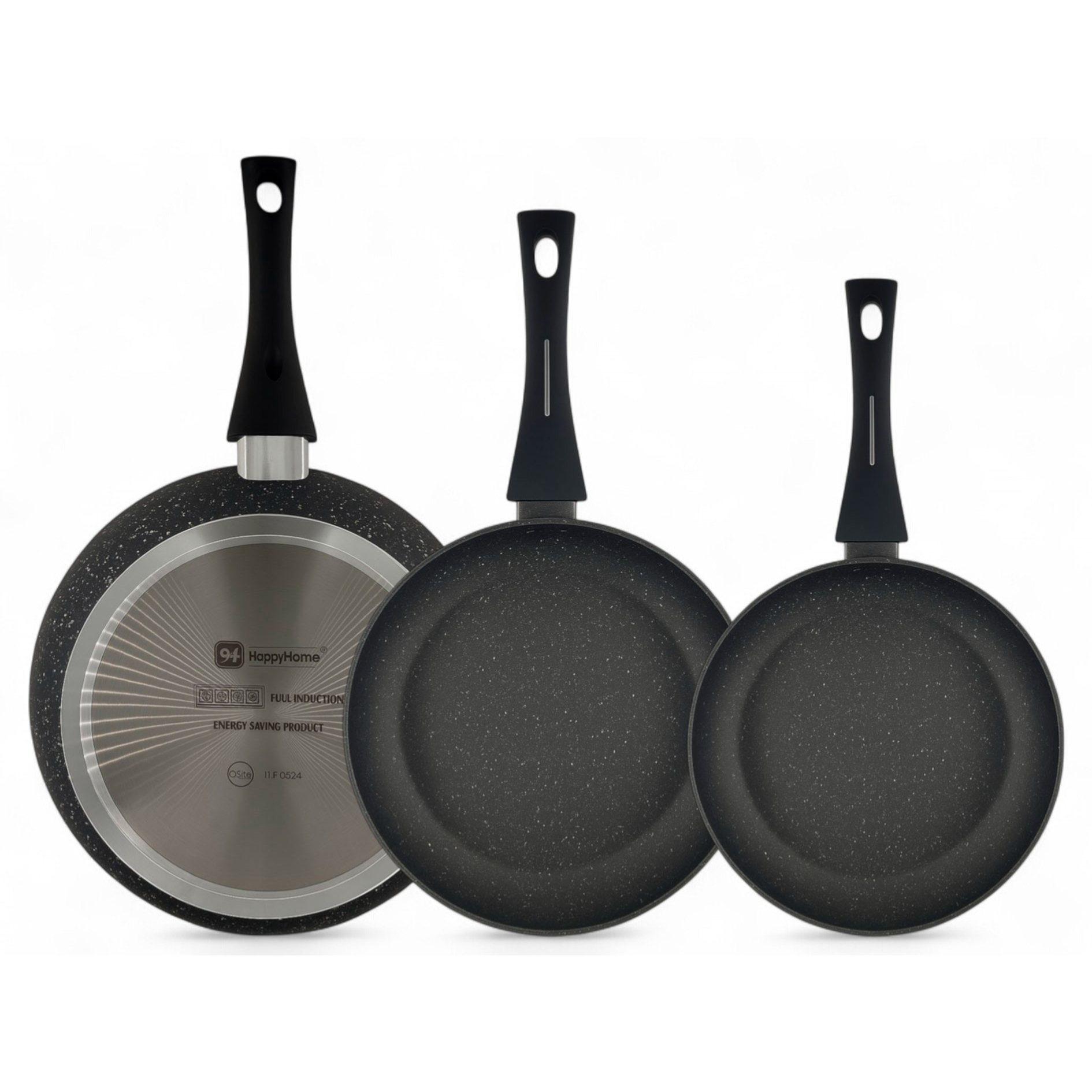 TEMU Juego de 3 Sartenes Profesionales PLATINUM, Set Antiadherente de Resistencia, Inducción Total (), Sin /, Mango Ergonómico, 20/24/28cm -