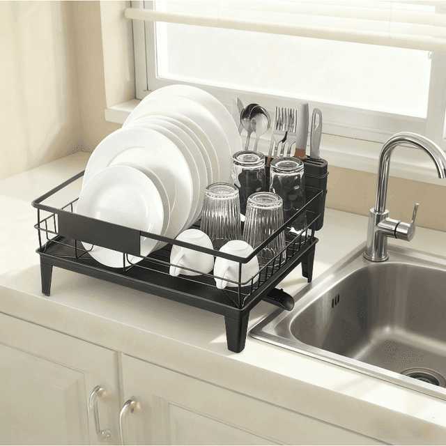 TEMU 360° Drehbarer Metall-Geschirrregal Organizer mit Abtropfschale , Platzsparend für kleine Küchen |,Besteckhalter & Ausziehbarer Ablauf , Robustes Design für Haushalt,Gewerbe ,kleine Küchen