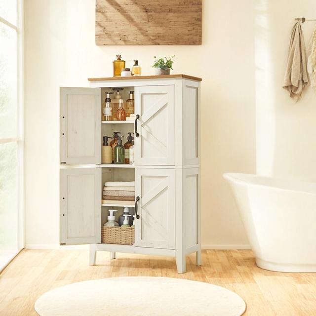 TEMU Aufbewahrungsschrank im Landhausstil, freistehender Waschtisch mit 4 Schubladen, Türen, Korpus, verstellbaren Einlegeböden, Vintage-Weiß.