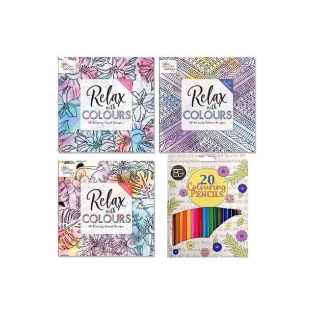 TEMU Bg Colouring Therapy Anti-stress Square Adult Colouring Books Floral Animals Patterns Set Of 3 + 20 Premium Colouring Pencils (set A)