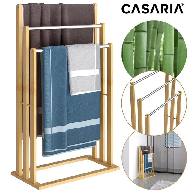 TEMU Casaria® Bamboo Towel Holder 46x24x84cm Standing 3 Stainless Steel Rods Towel Rack Wooden Bathroom