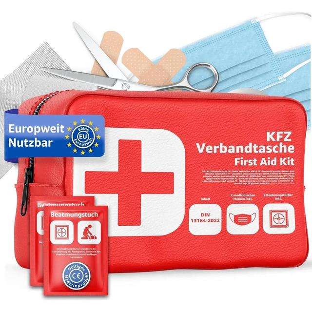 TEMU TK Verbandstasche KFZ Norm 2026 mit Beatmungstücher - Verbandskasten Auto - DIN13164:2022 - Erste Hilfe Set - Verbandskasten (Rot)