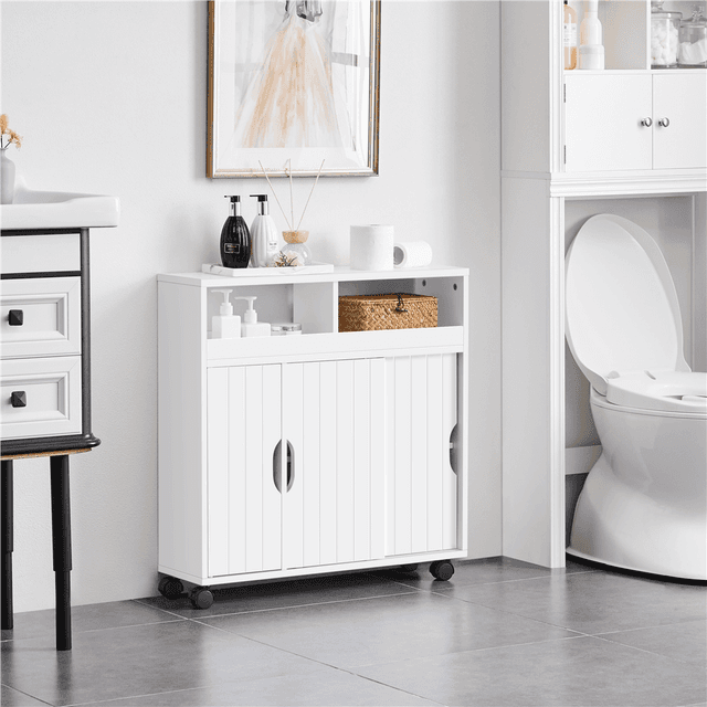 TEMU Gabinete de baño Costoffs con puertas correderas Gabinete libre de estanterías ajustables y compartimiento de estantería y ruedas Carro de baño Gabinete de baño