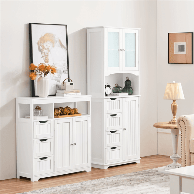 TEMU Gabinete de baño Costoffs con puertas de vidrio y 1 estante abierto y 4 cajones y gabinete con estante ajustable