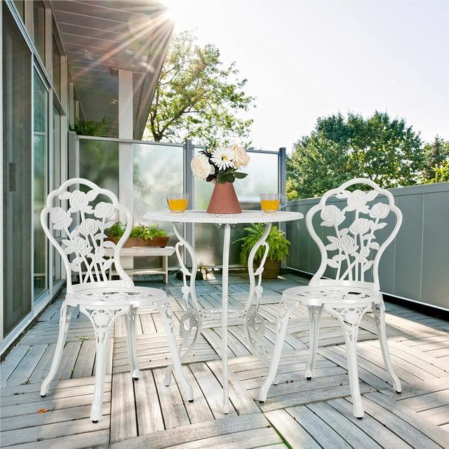 TEMU 3-delige Tuinmeubelset, Balkonset met 2 Stoelen en Tafel, Gietaluminium en Gietijzeren Balkonmeubilair, Terrasset, Zitmeubel voor , Balkon, Tuin, Wit