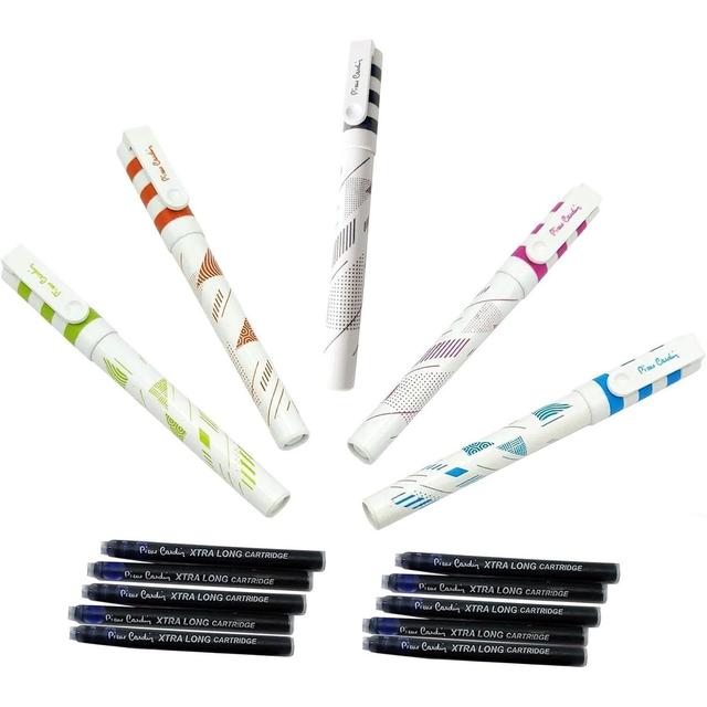 TEMU 5 X Calligraphy Fountain Pens Fine Nib With 10 Blue Ink Cartridges Smooth Writing For Journaling Sketching Lettering School College Or Work Use - Multicoloured Covers