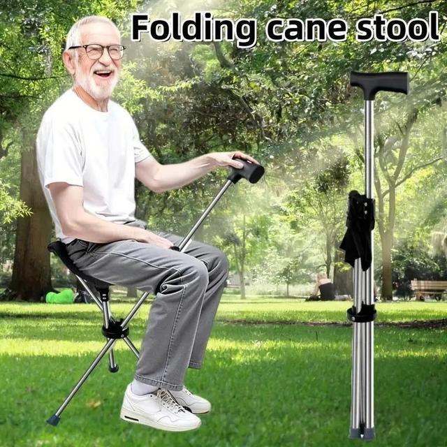 TEMU 1pc 2-in-1 Collapsible Cane & Stool - 330lb Weight Capacity, Foldable Travel Cane With Locking Mechanism For Hiking, Camping, Outdoor Activities - Portable , Christmas And Halloween Gifts.