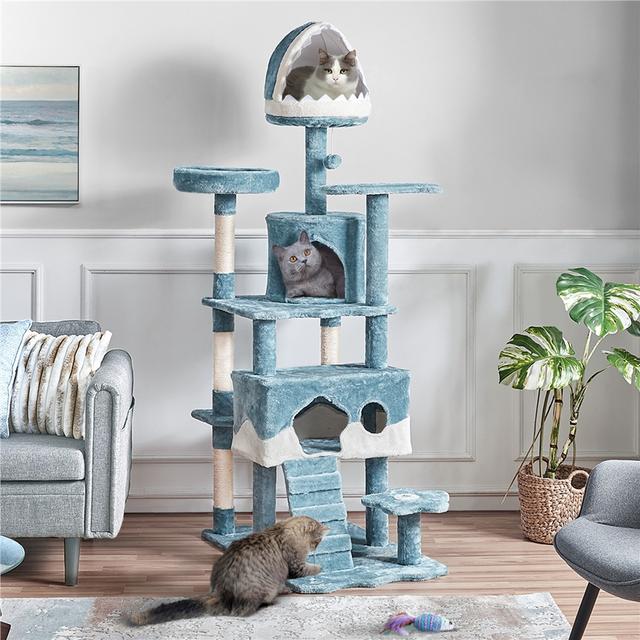 TEMU Costoffs Grand Arbre à Chat Design Océan - Tour Multiniveau pour 3-4 Chats avec Requin, 3 Griffoirs en Sisal et Jouets Suspendus - Hauteur 184 cm - Décoration Élégante pour Maison