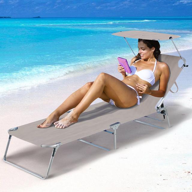 TEMU BAKAJI Lettino con Parasole Sdraio Pieghevole Salvaspazio, Schienale Regolabile, Struttura in Alluminio e Tessuto in Spiaggia Piscina Relax