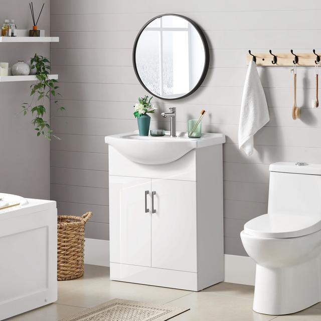 TEMU Costoffs Compact Built-in Bathroom Vanity With Integrated Sink, Modern Ceramic Wood Cabinet, 2 Doors, And Laundry Storage – Modern Bathroom Vanity Unit