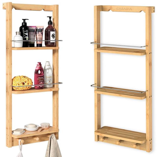 TEMU Casaria® Bamboo Shower Shelf, Hanging Shower Rack With 3 Tiers & 3 Hooks, 70x29x10cm, Wooden Bathroom Organizer