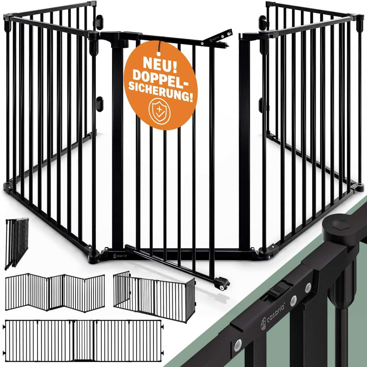 TEMU CASARIA® Puerta de seguridad ignífuga para bebés con puerta de metal, sin taladro, 306X76Cm, puerta para perros, protección infantil, puerta de protección, negra