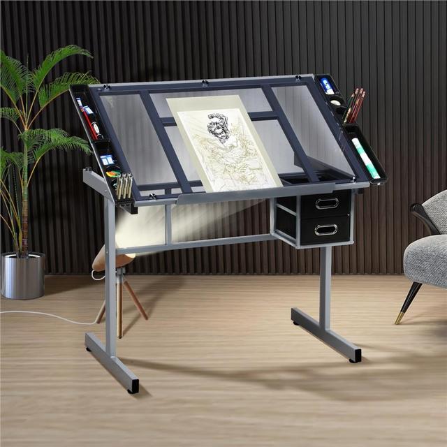 TEMU Costoffs Adjustable Height With Tilted Glass Top, Metal Frame, Workstation For Studio, Office, Painting, And Art With Drawers