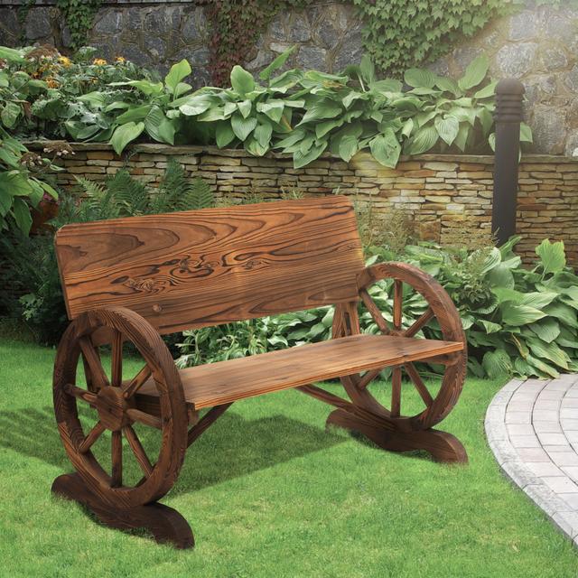 TEMU Outsunny 2-Sitzer Gartenbank Massivholz mit Armlehne, Sitzbank mit Wagenräder-Design, Gartenmöbel 250kg belastbar, Rustikale Bank, 114 x 58 x 80 cm, Braun
