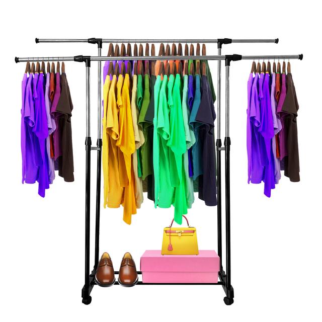 TEMU Double Metal Coat Rack With Wheels Extensible 160x150cm | Open Wardrobe For Clothes And Shoes Coat Rack Hanger Galvanized Steel