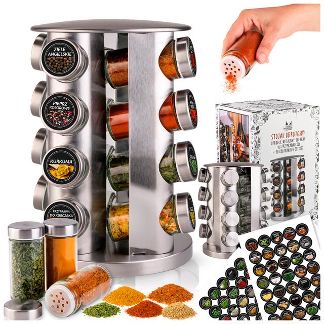 TEMU Stojak na przyprawy - 16 Słoiczków na Zioła, Sól, 75x Naklejki samoprzylepne z nazwami przypraw po polsku - Kolorowe Etykiety, Obrotowy przyprawnik