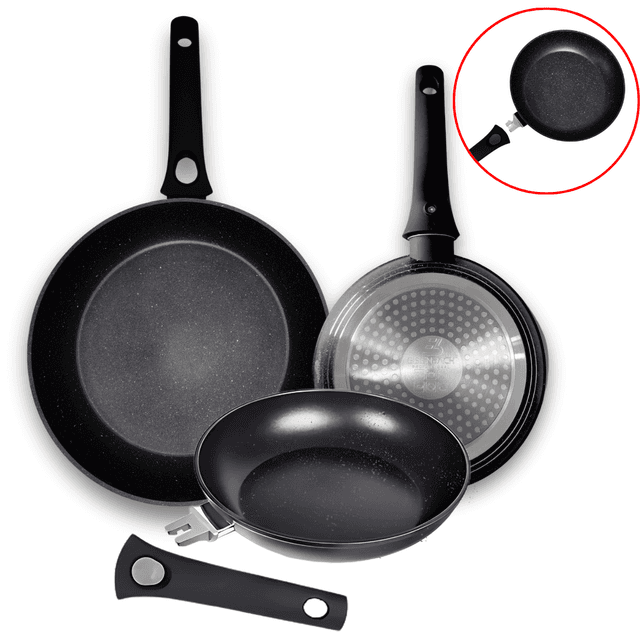 TEMU Set de 3 Sartenes en Aluminio 20cm/24cm/28cm negro con Mango Desmontable – Antiadherente y para Inducción y todo tipo de cocina.