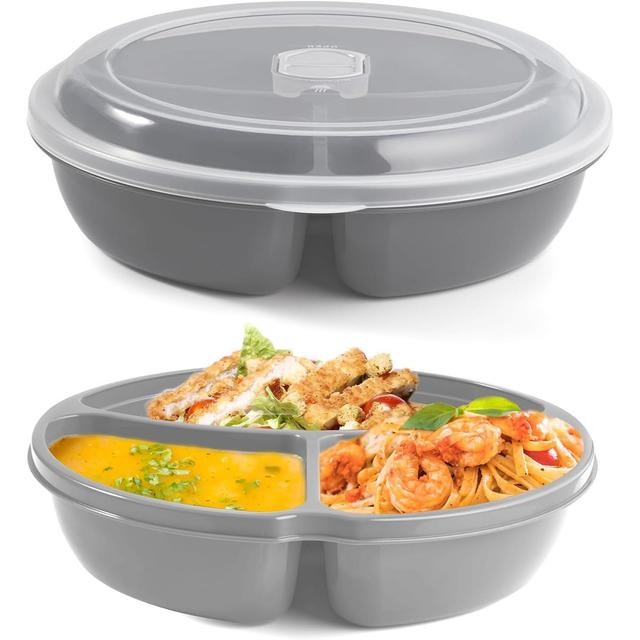 TEMU 2er Set Mikrowellenteller - Hohe Ausführung - Vorrats Dose Aufbewahrung Geschirr zum erhitzen, einfrieren mit 3 Fach Aufteilung Deckel mit Belüftung BPA