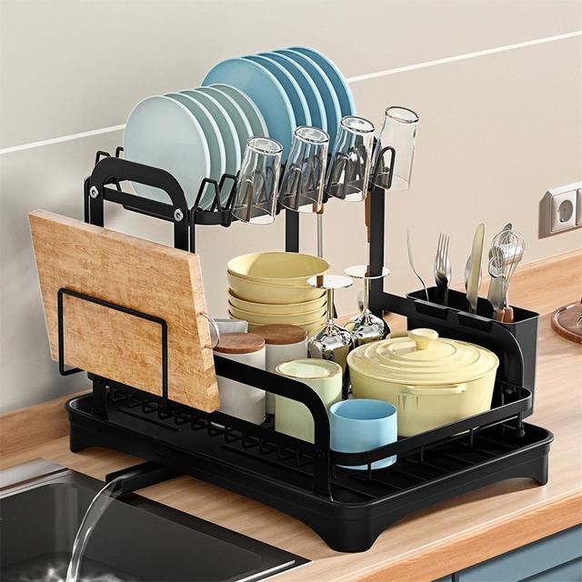 TEMU Black Kitchen Double-layer Countertop Draining Rack, Kitchen Countertop Storage Rack, Dish Draining Rack, Household Double-layer Bowl, Plate, Chopstick Holder And Cutting Board Storage Rack