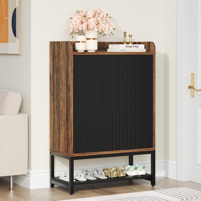 TEMU Shoe Cabinet, 73 X 35 X 105cm 5-tier Shoe For Entryway Hallway, Wooden Shoe Rack Organizer Cabinet For 15 Pairs Of Shoes, Black And Brown