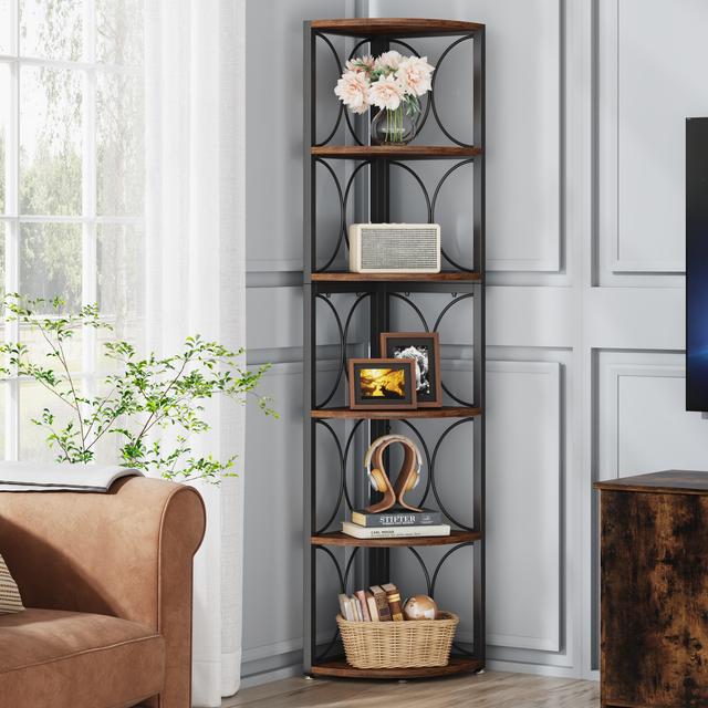 TEMU 67 Inch Tall 6-tier Corner Bookshelf – Rustic Storage Rack For Small Spaces In Living Room Or Home Office