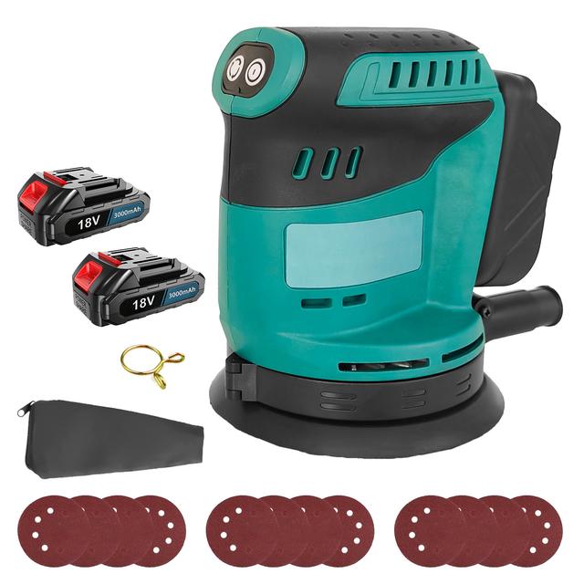TEMU Polisseur Orbital Fil 18V, 125MM, 6 Vitesses , 15 Feuilles de , Sac de de Poussière, Plateau de Ponçage Rotatif à 360° pour Bricolage Maison (2x Batterie 3.0Ah)