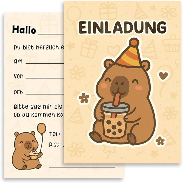 TEMU E& 10x Invitation Cards Capybara Boba Animal Motif Children's Birthday A6 Beige Cute Birthday Invitation Children's Invitation Card Girls Boys Sweet Animal Party Capybara Design Cards