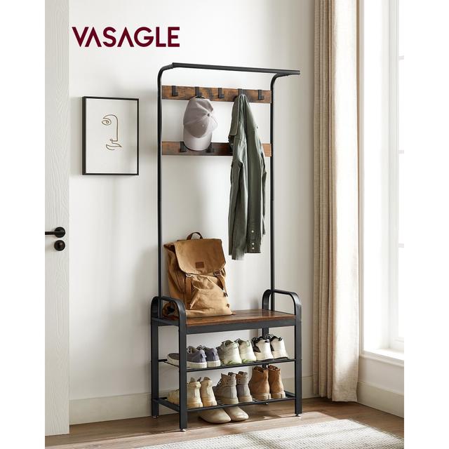 TEMU Vasagle Coat Rack With Shoe Shelf, Entryway Bench, 4-in-1, 9 Hooks, Closet Organizer, 34 X 72 X 183 Cm, Industrial Style, Camel Brown And , Rustic