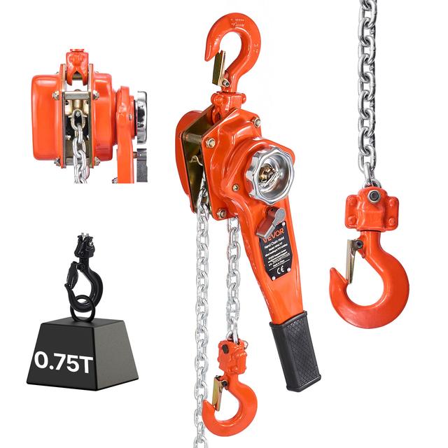 TEMU Vevor Manual Lever Chain Hoist, 3/4t 750kg Capacity Heavy Duty Come Along, 1.5m Lift G80 Alloy Steel Chain With Dual Pawl Mechanical Brake, 360° Rotating Hooks, For Warehouse Construction Garage