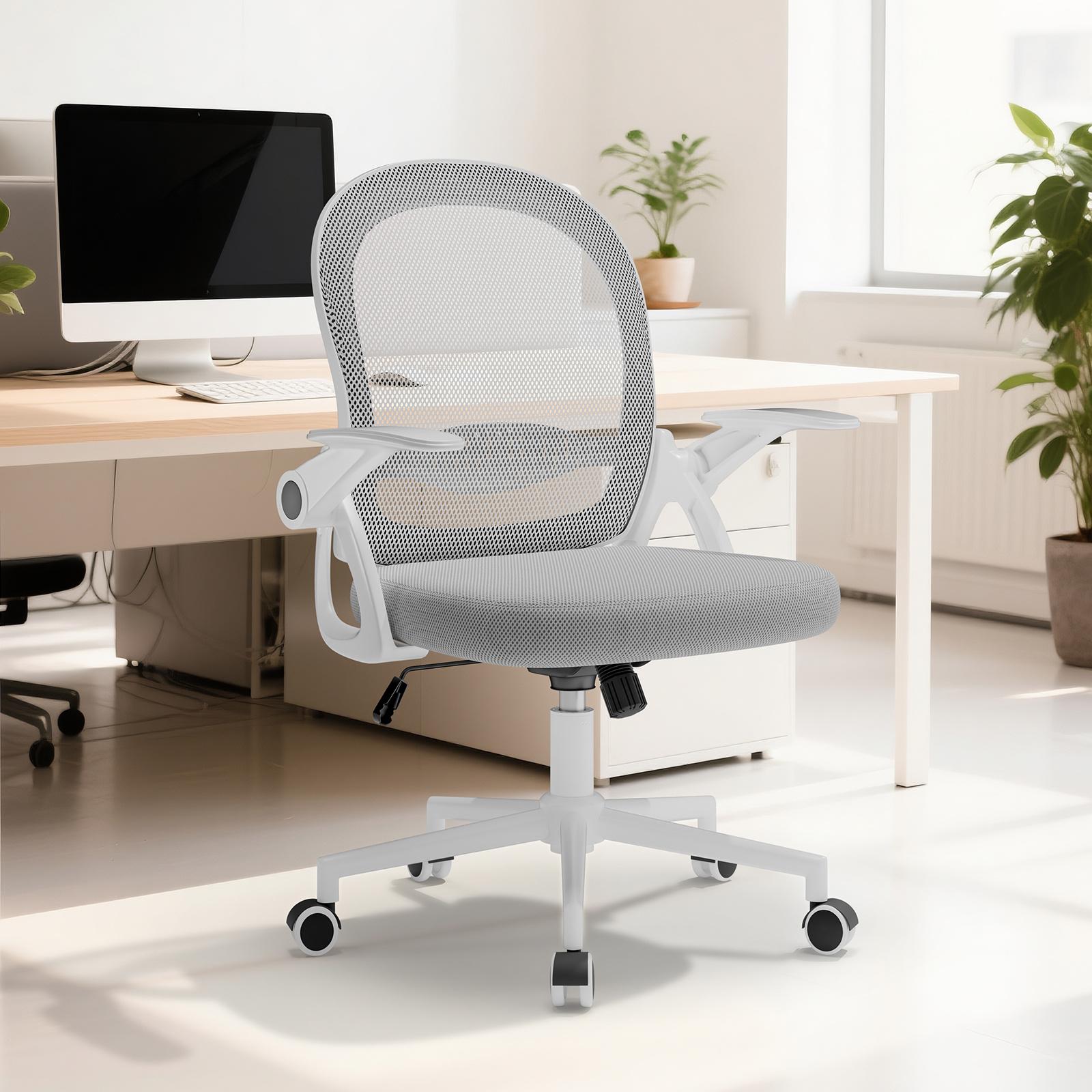 TEMU Ergonomischer Bürodrehstuhl mit mittlerer Netzlehnenrückenlehne, hochklappbaren Armlehnen, Lordosenstütze und Drehfunktion – Grau
