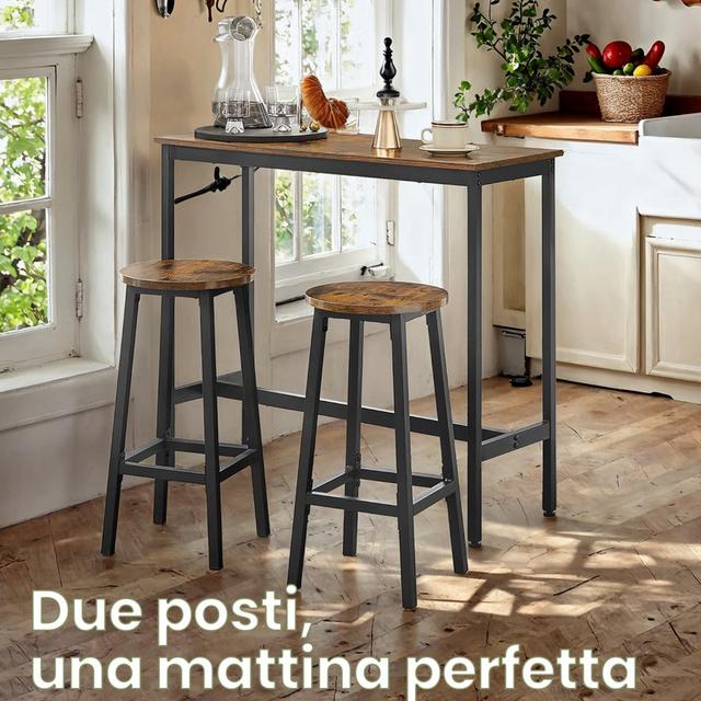 TEMU Set di Tavolo e 2 Sgabelli da Bar, Struttura in Acciaio Industriale, Marrone Vintage e