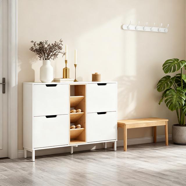 TEMU 1pc Meuble Chaussure Meuble à Chaussure Rangement Chaussures Ultra Mince 19cm - 4 Abattants 3 Compartiments Armoire à Chaussures pour Entrée Couloir Chambre Bois Blanc 126x19x85cm - GTS294-XO