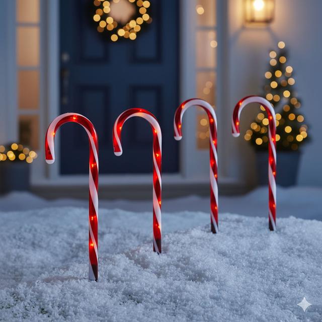 TEMU 4 Pack Candy Cane Christmas Lights Pathway Lawn Patio Garden Stake Lights Marker Festive Indoor Outdoor Decorations Battery Powered.