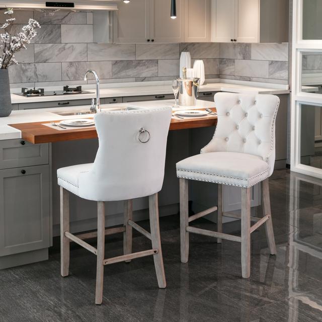 TEMU Tabourets de bar rembourrés en velours contemporains avec décoration tufted bouton et jambes en bois, et chrome Trim, chaises de bar de style de loisirs, tabourets de bar, ensemble de 2 (beige)