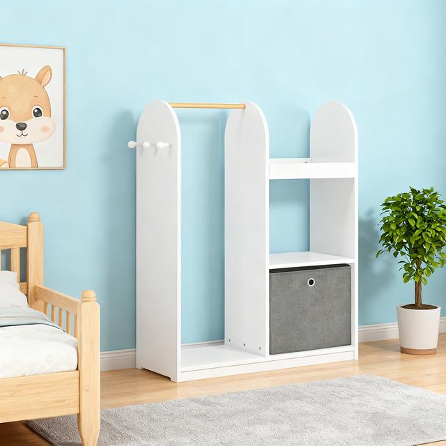 TEMU 1pc Children's Wardrobe With 3 Shelves, Fabric Basket And 3 Small Hooks, Small White Wardrobe 97x35x108 Cm - Lnc51-x