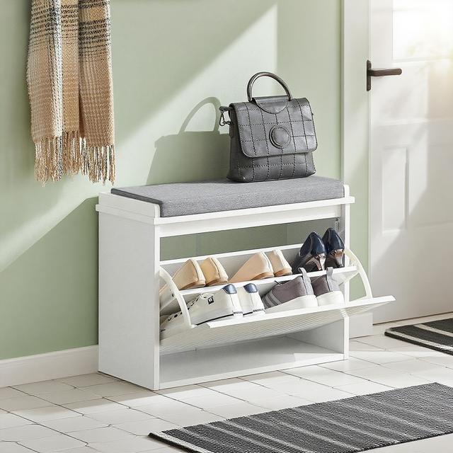 TEMU . Bank Schuhständer Einbauschrank mit gepolsterter Sitzfläche und Klappfunktion - Schuhaufbewahrung, L62 x P26 x H45 cm - Tragfähigkeit 150 kg, Weiß GTS09-X