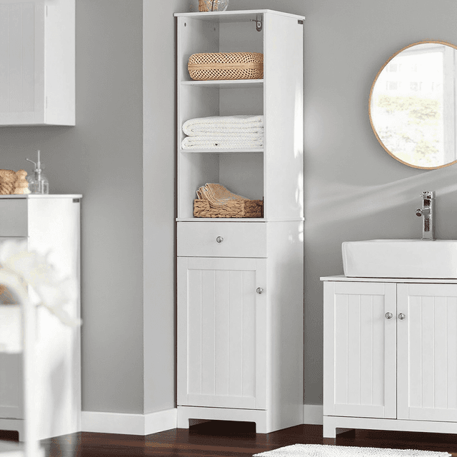 TEMU 1 pieza Columna Baño Mueble Baño Almacenamiento con Armario y 3 Estantes Abiertos, Pequeño Mueble Compacto con 1 Cajón para WC, Habitación 40x161x35 cm - CAS28-X