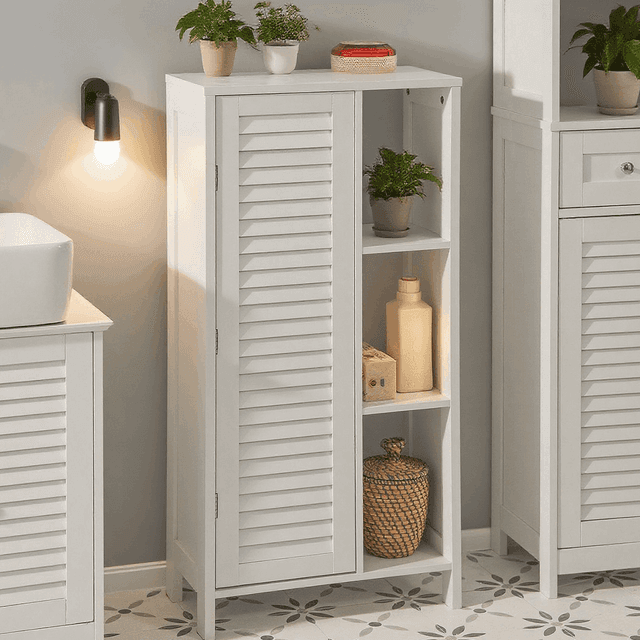 TEMU 1pc Meuble de Salle de Bain Haut – Armoire de Salle de Bain Étroit avec Porte Lamellée et 3 Étagères – Placard de Rangement pour Cuisine, Toilette, Blanc, 48 x 24cm CAS50-X