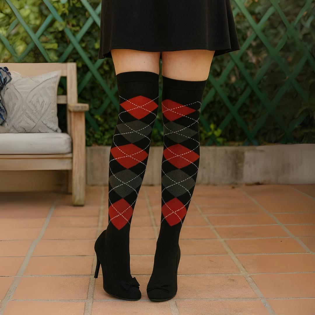 TEMU Over-the-knee Black, Grey & Red Argyle Pattern Socks - Cotton Polyester Blend By Uk Seller – Colourful Lightweight Breathable – Elastic & Durable Hosiery