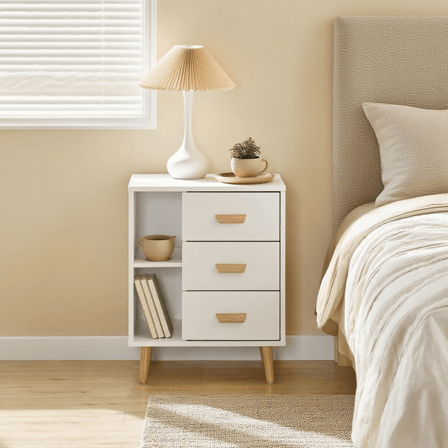 TEMU 1pc Table de Chevet avec 3 tiroirs et 2 étagères, Table d'appoint pour Chambre à Coucher - Meuble de Rangement Moderne L48 x P40 x H60 cm Blanc - GCU06-X