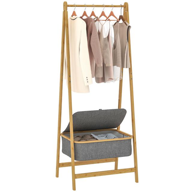 TEMU HOMCOM Burro Ropa de Bambú con Cesta de Tela con , Perchero Burro Ropa Plegable, Perchero para Recibidor, Entrada, Dormitorio, 60x44,5x157,5 cm, Natural y