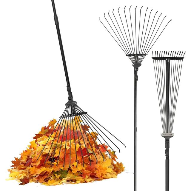 TEMU Pelle & Sol 38-63 Inch Garden Rake, Adjustable Lawn Rake For Gardening - For Gardening, Grass W/ 25 For Lawn & Up - Garden Rakes For Leaves, Lawn , Up Tool, Black