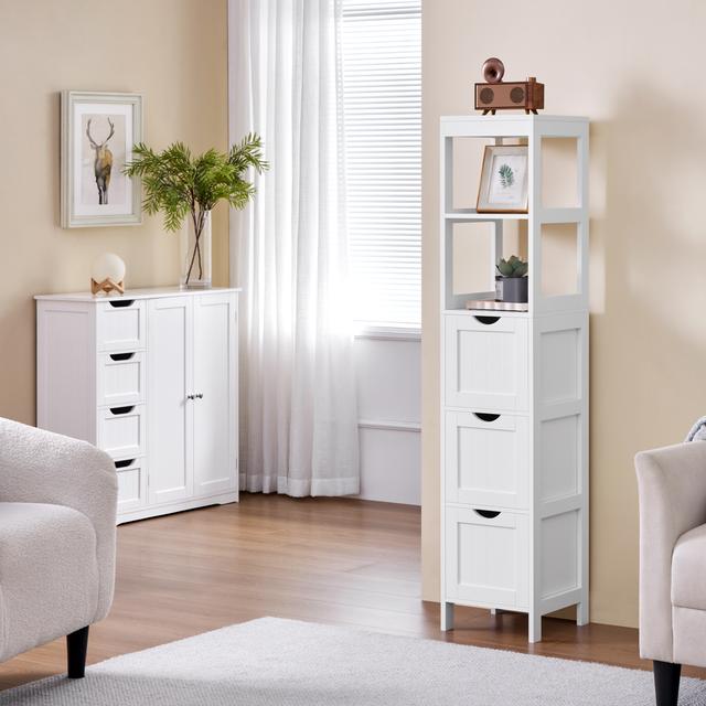 TEMU Costoffs Modern Wooden Mobile Bathroom Cabinet, With 3 Drawers And 2 Open Shelves, Bathroom Dresser For Bedroom, Kitchen, Hallway, Laundry Room, 142 Cm Height, White